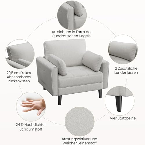 Yaheetech 1 Sitzer Sofa, Loveseat, Kleine Sofa mit 2 Kissen und Armlehnen, Moderne Leinen Couch Sofa, Couch Loungesofa Set für Wohnzimmer, Graubeige
