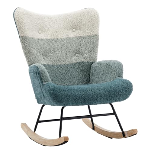 Image of FurniTribe Rocking Chair for Nursery, Upholstered Teddy Fabric Nursing Chair with High Backrest, Modern Accent Glider Rocker Chair for Living Room Bedroom (Green+Dark Green)
