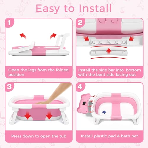 Image of BUNWAG Baby Bathtub,Collapsible Newborn Bathtub for Infant to Toddler with Soft Cushion and Thermometer,Portable Travel Newborn Tub with No-Slip Feet,Baby Shower Gifts,0-12 Months Babybath,Bright Pink