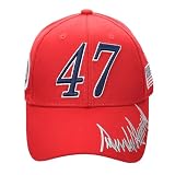 Trump 47 Cap – Red Cotton Twill Embroidered MAGA Hat with Presidential Seal, USA Flag & Signature Red with Silver Signature on Bill
