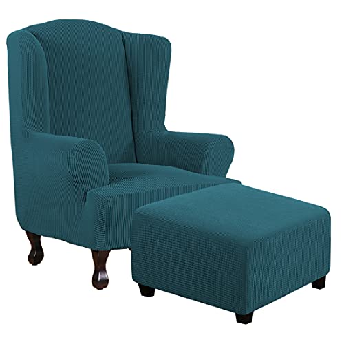 1 Piece Wing Chair Covers Bundles Square Ottoman Slipcovers, Deep Teal