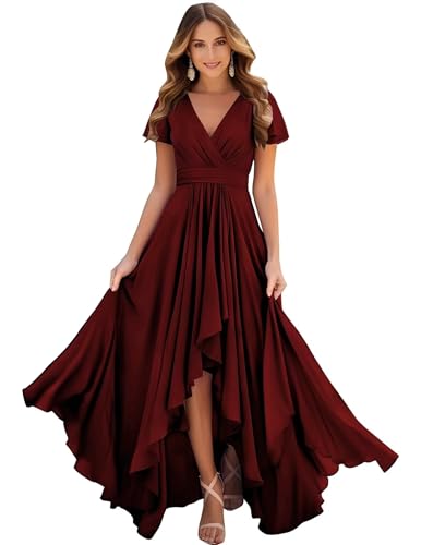 V Neck Mother of The Bride Dresses for Women High Low Chiffon Bridesmaid Dress Flutter Sleeves Formal Gown