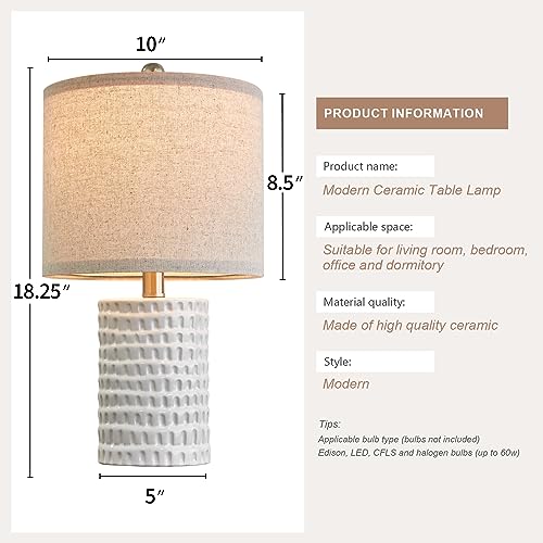 PORTRES 18.25" Modern Accent Ceramic Table Lamp Set of 2 for Bedroom White Desk Decor Bedside Lamps for Living Room Study Room Office Dorm Farmhouse Nightstand Lamp End Table Lamps - Image 6