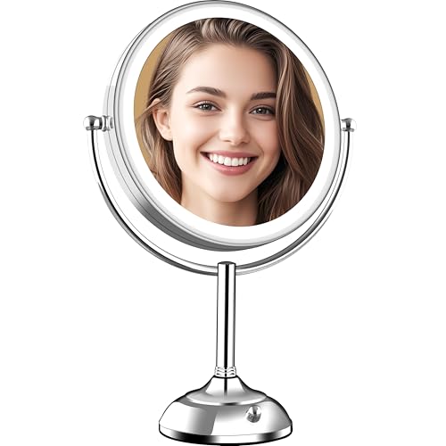 VESAUR Upgraded 11' Large 17' Tall Lighted Makeup Mirror Silver, 1X/10X Dual-Sided Magnifying with 15X Suction Mirror, 3 Color Adjustable Lights, 360° Swivel Dual Power Vanity Mirror, Gift Box