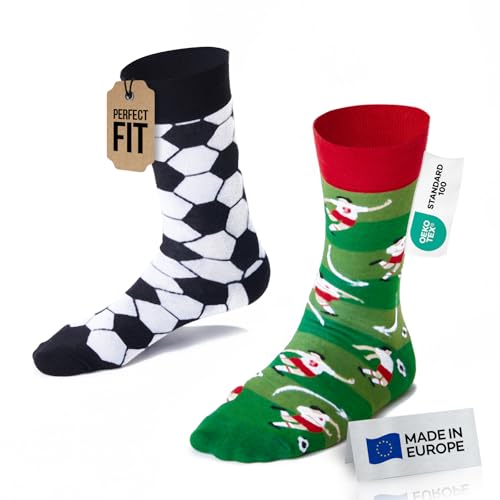Many Mornings Lustige Ungleiche Socken Fußball 39-42 Socken für Fußballfans mit Ball und Spieler Motiv Geschenkidee für Damen und Herren