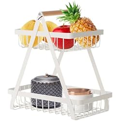 Estanterias Fruteria Madrid Cesta de frutas de 2 niveles para encimera de cocina, cesta de almacenamiento de madera de hierro, cesta de pan de alambre de metal de 2 capas, estante desmontable para frutas y verduras(Blanco)