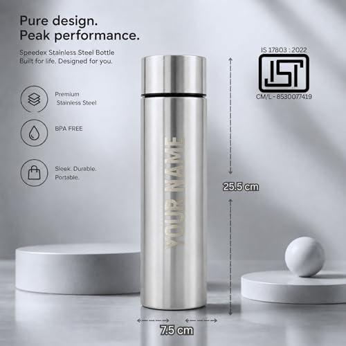 Image of Speedex Customized Silver Stainless Steel Water Bottle 1 Ltr Single Wall | Personalised Name Printed Customised Water Bottle | BIS Approved | Reusable Bottle for Kids & Adults, School, Office & Travel