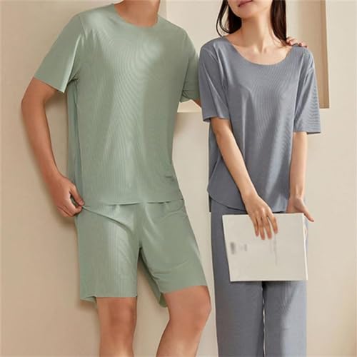 Soft Comfortable Ice Silk Short Sleeve 2-Piece Set, Short Sleeve Couple Loungewear, Summer Breathable Pajama Set4