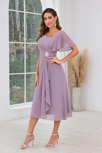 ISABUFEI Mother of The Bride Dress - Tea Length Chiffon Ruffle Sleeve Formal Gown for Wedding4