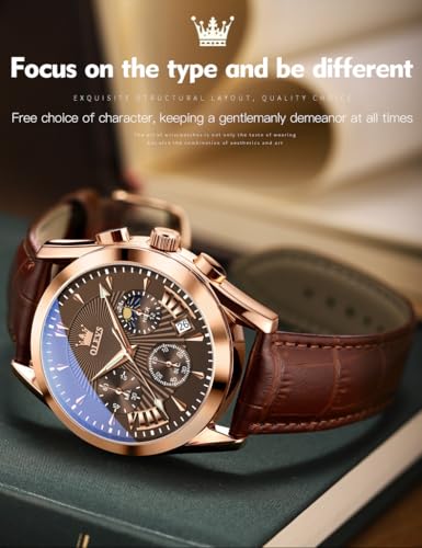 Image of OLEVS Watches for Men Original Analog Quartz Stylish Brown Leather Luxury Business Chronograph Waterproof Date Mens Wrist Watch