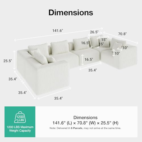 Image of Novilla 141 inch Modular Sectional Sofa, U Shape Family Size Sectional Couch, Modern Cloud Design with Smarts Coil Support, Boneless Couch for Large Living Room Apartment, No Assembly Required, Beige