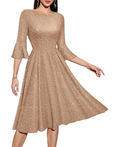Image of HomRain Women's Church Dresses Modest Bell Sleeve Wedding Guest Cocktail Tea Party Vintage Evening Dress