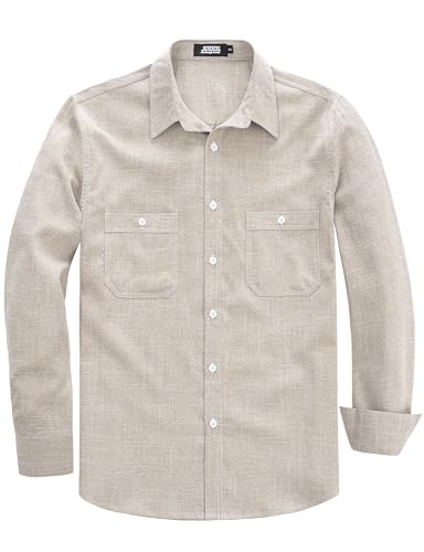 JOGAL Mens Chambray Shirts Long Sleeve Button Down Work Shirts Regular Fit Casual Shirt with Two Pockets