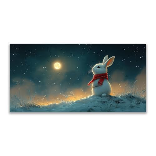 Tableau peinture murale de haute précision pour salon, motif fleurie lapin blanc 50x100 cm