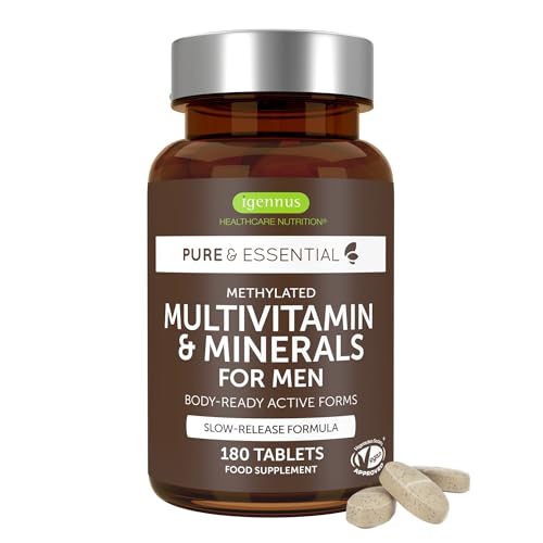 Igennus Multivitamínico Metilado Hombre, 21 Ingredientes Activos,Fórmula Limpia, Aporte todo el día,Bienestar, Energía y Salud Cardiovascular Masculina,180 Comprimidos Veganos Fáciles de Tragar,No OMG