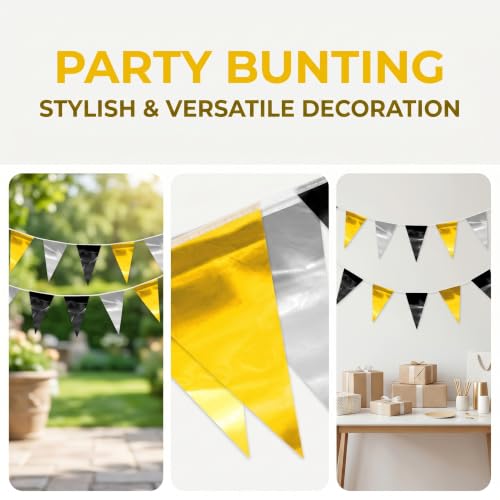 Image of 65FT Black Gold Silver Glitter Triangle Pennant Banner Flag Metallic Bunting Fabric Garland for Christmas Wall Hanging,Graduation, New Years Decorations,Father' Da Decorations Party Supplies