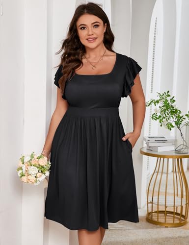 Image of ShopWonder Women Plus Size Midi Dress Short Ruffle Sleeves High Waist Casual Summer Dress with Pockets