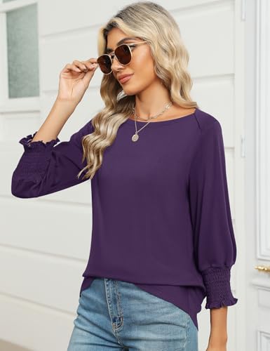 IECCP 3/4 Length Sleeve Womens Tops Summer 2025 Fashion Trendy Boat Crew Neck Smocked Work Dressy Casual T Shirt Blouses4