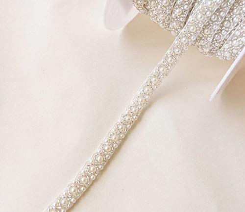 Microheal HBD046MC 2 Yards Pearl Beaded Trim Bridal Lace Ribbon Trimming Edge Tape thumb #1