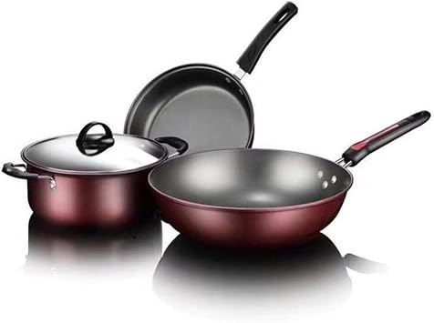 طقم طبخ المطبخ 3 قطع غير لاصق أدوات الطبخ مقلاة وعاء الطبخ ووعاء عموم مع غطاء زجاجي المنزل