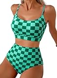 Herseas Women's Two Piece Popular Swimsuits 2026 Swim Crop Spaghetti Strap Top High Cut Bikini Sets Daisy Pattern Bathing Suit with Reversible Bottom Resort Wear Green Checkerboard Large
