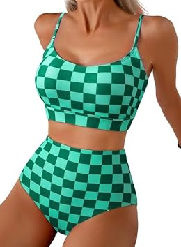 Herseas Women Plus Size 2 Piece Sporty Bikini Green Checkerboard 2XL