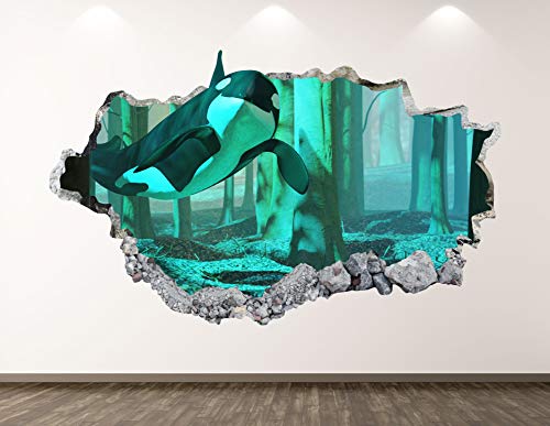 Killer Whale Wall Decal Art Decor 3D Smashed Fish Swimming In The Forest Orca Flying In A Wooded Landscape Sticker Poster Kids Room Mural Custom Gift Bl2297 (70"W X 40"H) #TOP30