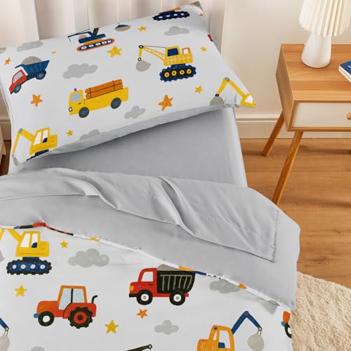 Image of Wake In Cloud - Toddler Bedding Set for Boys, Construction Car Excavator Truck, 4 Pieces Soft Crib Bed Set Including Comforter, Sheets and Pillowcase, Light Gray