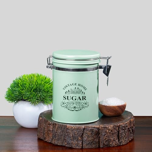 Image of Metallure Home Clip-Lock Round Classic Tea Sugar Container Set of 2 | Metal Container for Kitchen Storage | Airtight Jar Set | Food-Safe Tea Jars for Kitchen (Light Green)