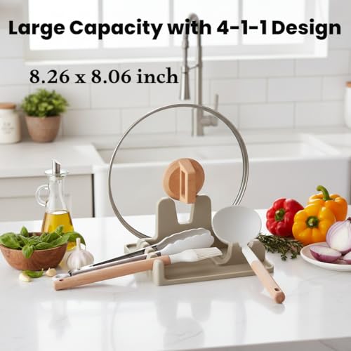 Image of Auoon Silicone Spoon Rest with Lid Holder - 3 in 1 Kitchen Utensil Rest for Soup Ladles, Pot Lids, Spatulas, Spoons, Tongs, BPA Free & Dishwasher Safe, 8.26 x 8.06 Inch (Milk Shake, Large)