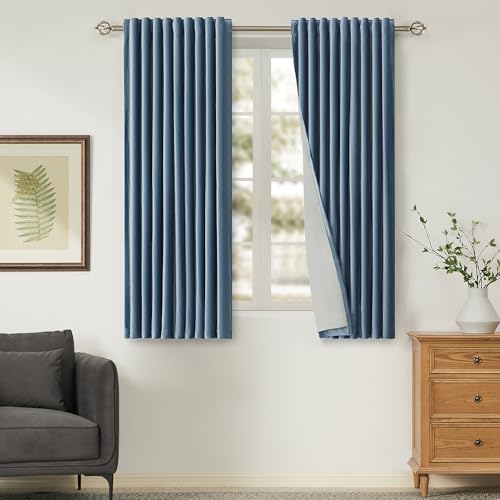 Image of PRIMROSE 100% Full Blackout Velvet Curtains, Set of 2, Stone Grayish Blue, 52 inchW x 63 inchL (Pack of 2), Living Room, Bedroom