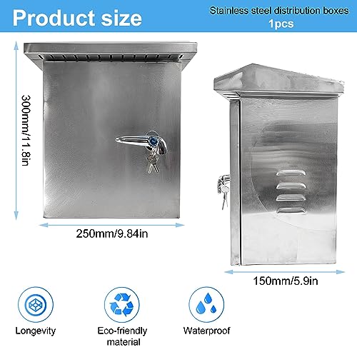 Edelstahl Schaltschrank Verteilerkästen, 300x250x150 mm Verteilerkasten Außen Wasserdicht, Wandmontiert mit Schloss Zählerkasten, für Outdoor Verdrahtung