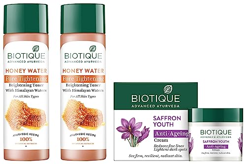 Image of Biotique Honey Water Pore Tightening Toner, 120ml (Pack Of 2) & Biotique Saffron Youth Anti-Ageing Cream Reduces fine lines Lightens dark Spots, 50g