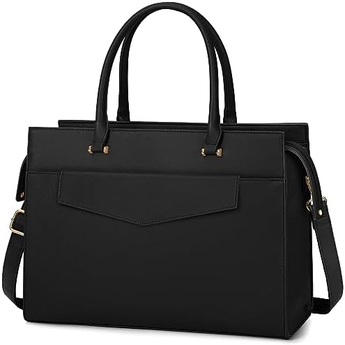 RAINSMORE Werktas voor dames, met clutch, laptoptas, 15,6 inch, grote handtas, universiteitstas, PU-leer, messengertas, kantoor, Zwart, 15,6 Pollici