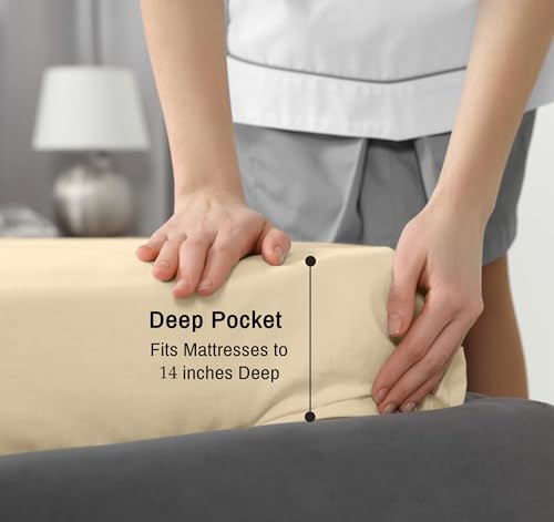 Image of RUVANTI 100% Cotton Percale Sheets California King Size, Beige | Crisp Cooling, Deep Pocket 14 inch, Soft Breathable & Durable, Hotel-Style, 4 Piece Set