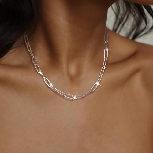 Mbw Sterling Silver Choker Necklace, Silver Dainty Paperclip Chain Necklaces For Women Trendy 18In Simple Long Thick Minimalist Aesthetic Fashion Link Necklace Jewelry Gifts For Women thumb #6