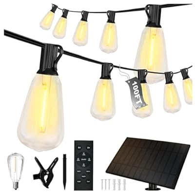 DAYBETTER 100ft Solar String Lights Outdoor Waterproof 50 Bulbs 2700K Warm White Outdoor String Lights Solar Powered 5W Solar Panel, 12+ Hours Runtime Luces solares automáticas