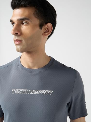 Image of TECHNOSPORT Men's Printed Slim Fit Henley Neck T-Shirt ELASTOLITE Half Sleeve Slip On Polyester for Gym Running Workout UPF50+ Anti Odour