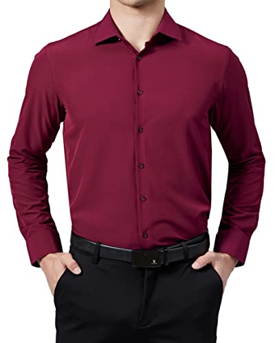 Zoomgarrity Men's Dress Shirts Stretch Wrinkle Free Moisture Wicking Cooling Solid Slim Fit Long Sleeve Button Down Shirt Red Wine #TOP1