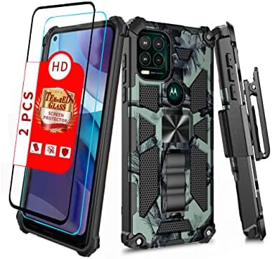 Shockproof Camouflage Military Grade Drop Tested Phone Case with Built in Kickstand with Screen Protector Holster Belt Clip Fits for Moto G Stylus 5G 6.8" (Light Green CAMO)…