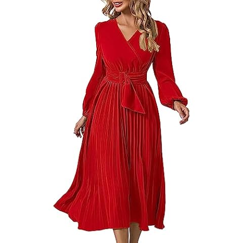 SDEER Womens Casual Dress V Neck Long Sleeve A Line Pleated Dress with Belt Solid Flowy Dress for Party Wedding Guest Red Large Cover