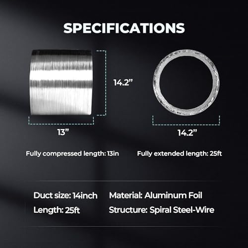 Simple Deluxe 14 Inch 25 Feet Ducting, Non-Insulated Flex Air Aluminum Foil Duct for Dryer Vent Hose, Heating, Cooling, Ventilation, Exhaust, 2 Clamps Included, Silver