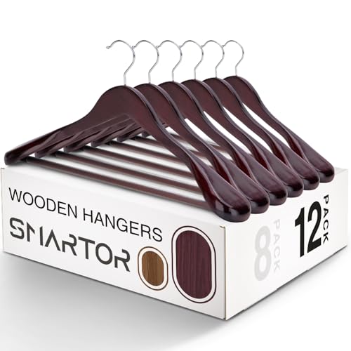SMARTOR Suit Hangers for Men 12 Pack, Wide Shoulder Wooden Suit Hangers with Non Slip Pant Holder, Wide Hanger for Suit, Coat, Jacket, Gown, Heavy Duty Wood Suit Hanger, Cherry
