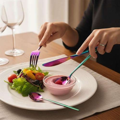 Image of 5 Pcs Rainbow Cutlery Set for Dining Table the Perfect Lightweight Silim Handle Tableware Including Dinner Spoon, Dinner Fork, Dinner Knife, Dessert Spoon & Dessert Fork