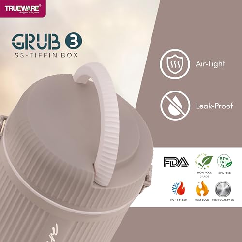 Image of Trueware Stainless Steel, Plastic GRUB 3 Double Wall Insulated Hot Lunch Box with 3 SS Container 300 ML Each | Bpa Free | Food Grade | Hot and Fresh (LBI-GRB-003-Peach BAZ)