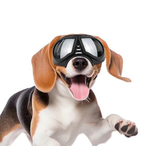 PETLESO Dog Goggles for Small to Medium Breeds, Small Dog Sunglasses UV Protection Windproof Snowproof, Outdoor Driving/Riding/Hiking Eyes Wear, Soft Frame Adjustable Straps, Silver Lens