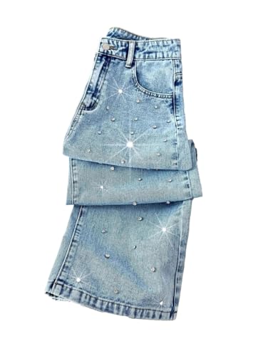 Women Loose Straight Leg Jeans with Nail Drill Design Casual