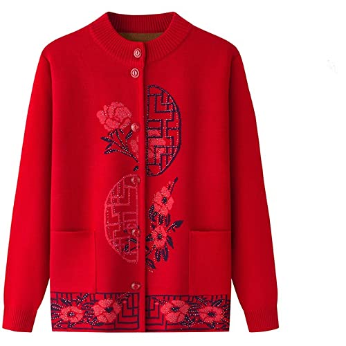 CBROOT Mediana Edad Mayores Jersey De Punto para Mujer - Mujeres Abuela Elegante Suéter Tejido Cardigan Otoño Invierno Vellón Abrigo Abrigo Xl-5Xl 50-80 Años Ropa De Abrigo, Rojo, 4XL