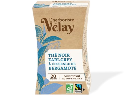 L'Herboriste du Velay - Thé Noir BIO Earl Grey à la Bergamote - Ingrédients 100% Issus de l'Agriculture Biologique - Conditionné au Puy-en-Velay - Boite de 20 Sachets