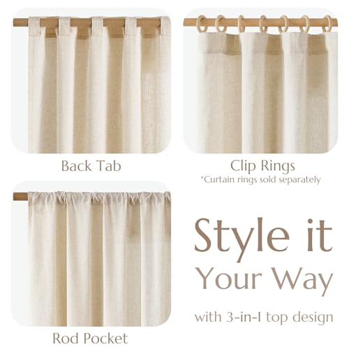 Image of jinchan Linen Curtains Light Filtering Back Tab 60x108 Inch 2 Panels Beige